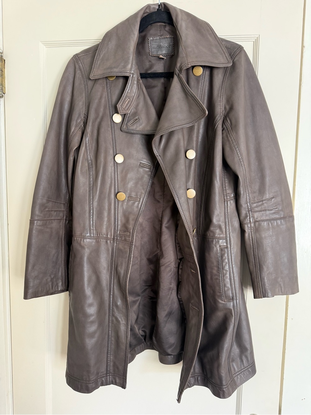 Sundance Brown Double-Breasted Leather Trench Coat